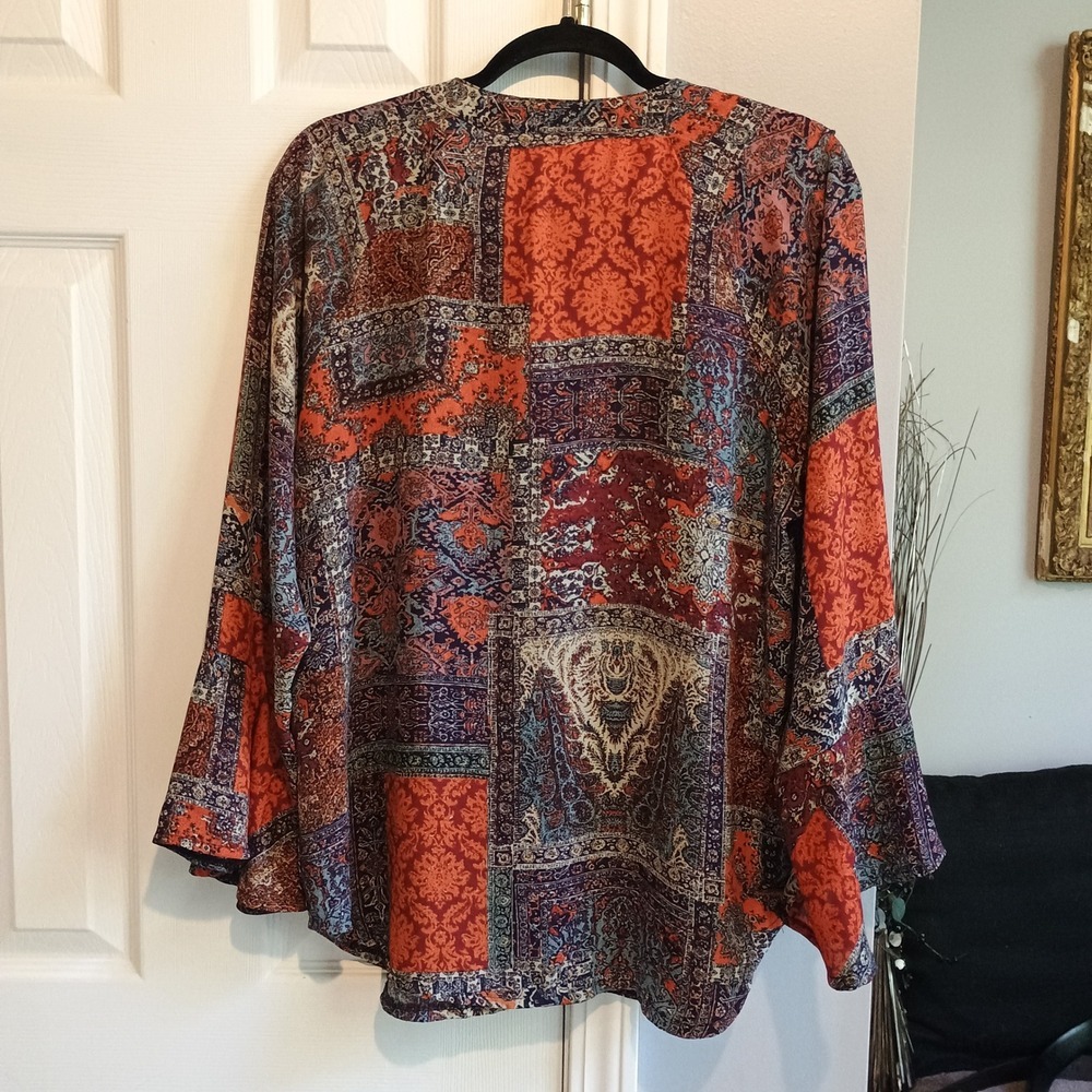 New Directions L Orange Print‎ Blouse Ruffle Neck Bell Sleeve Boho Bohemian Top - Picture 8 of 9